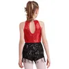 Stage Wear Kids Girls Sequin Pubsel Dans Elbisesi Kolsuz Arka Keyhole Boyshorts Latin Jazz için Tek Parçalı Dans Giysileri