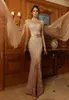 Champagne Glitter Evening Dresses High Neck Long Sleeves Sequins Prom Gown Custom Made Formal Party Front Split Floor Length Vesti1466019