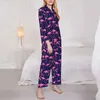 Women's Sleepwear Pink And Navy Flamingo Pajamas Woman Animal Print Warm Leisure Spring Two Piece Aesthetic Oversize Graphic Pajama Sets