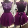 Charming Sexy A Line Short Purple Prom Dresses Sleeveless Crew Cut Out Back Sheer Bling Sequin Bridesmaid Dress Chiffon Evening Go278g