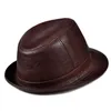 2024 Uomo di alta qualità in vera pelle Jazz Fedora Gentleman pelle di mucca tesa corta neromarrone cappello a cilindro maschio mostra Topper 240301