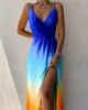 Vestidos casuais mulheres impressão camisola sem mangas vestido v pescoço espaguete cinta uma linha longa sexy split verão 2024 boêmio praia {i1zr