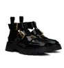 Topp lyxiga kvinnor Carter Loafers Walking Shoes Calf Ankle Strap Boots Treaded Gummi Sole Black Patent Leather Elegant Oxford Walking EU34-41