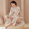 Women's Sleepwear Elizabeth Duck Japanese Kimono Spring Pajama Set Imitation Cotton Long Sleeve Homewear Casual V-Neck Lapel Cute