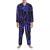 Men's Sleepwear Blue Geometry Pajama Set Gold Line Print Lovely Men Long-Sleeve Casual Daily 2 Piece Nightwear Plus Size
