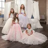 Vestido de niña de flores con lazo hinchado de encaje romántico para bodas vestido de bola de tul fiesta comunión vestidos para niños 240320