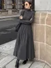 カジュアルドレス秋の冬のドレス女性エレガント長袖女性韓国ファッションハイカラーレディヴィンテージシックなソリッドローブ