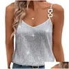 Womens Tanks Camis Women Sleeveless Vest Solid Color Sequins Tail Tops Fashion Summer Simple Shiny Strappy Girls Drop Delivery App Ot8kd