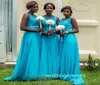 安いターコイズブライドメイドドレスウェディングパーティーのゲストのための名誉あるドレスの長いメイドスクープレースシフォン南アフリカ8354704