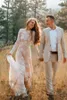 Romantic Lace Tulle Bohemian Wedding Dresses Sexy Backless A Line Scoop Neck Appliques Quarter Sleeve Bridal Gowns Plus Size BC18357