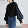 Women's T-Shirt Big Lantern Sle Blouse Women Autumn Winter Single Breasted Stand Collar Shirts Office Work Blouse Solid Vintage Blouse Shirts 240311