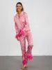 Kvinnors sömnkläder Kvinnor Satin Pyjama Set Långärmning Lapel Neck Rands Topps Elastic Midje Patchwork Feather Pants Outfit S-XL