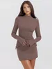 Casual Dresses Elegant Dark Blue Solid High Waist Mini Dress Women Fashion with Pocket Long Sleeve Bodycon Chic Party Club Robes