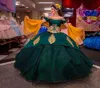 Emerald Green Quinceanera Dresses Off Shoulder Short Sleeve Ball Gown Prom Dresses With Gold Applique Elegant Sweet 16 Brithday Go4464357