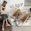 Dress Shoes Rhinestone Bow Sandals Stubby Heels Round-Toe Mary Jane Pumps Extra Wide Fat Large Size 7mm High Heel Summer Women