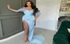 Sexig Pretty Light Sky Blue Satin Mermiad Prom -klänningar med High Side Split Off Shoulder Formal Party -klänningar Celebrity Evening Dress4127665