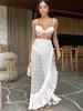 Sexy Solid Three Piece Bikini Set Padded Bra Tassel High Waist Mesh Beach Ski Swimwear Summer Beach Holiday Swimwear 240311