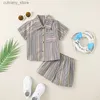 T-shirts Toddler Boys Summer Outfits Turn-Down Collar Short Sleeve Stripe Shirts Tops and Elastic Waist Shorts 2Pcs Clothes Set L240312