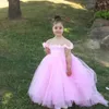 Abiti da ragazza Abito a fiori gonfi rosa Arco Bambini Festa di nozze Illusion Neck Costumi di compleanno per bambini Prima comunione