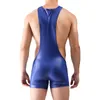 Mäns kroppsformar Mens underskjortor Faux Leather Bodysuit Deep U Neck Sleeveless Racer Back Short Sport för brottning av fitness