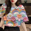 Women's T-Shirt 2024 Top Women Pink Floral Printed Womens T-Shirt Oversized T-Shirt Korean Popular Clothes Women Clothing Short Sle Blouse 240311