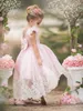 Abiti da ragazza Abito a fiori rosa con piume incastonate in pizzo con scollo a V in tulle con fiocchi Abito da ballo per prima comunione per bambini di compleanno principessa