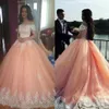 Blush Pink Sweet 16 Sukienki Quinceanera suknia balowa batau dec shik krótkie rękawy aplikacje tiulowe sukienki plus size saudyjskie arabskie bal 247t