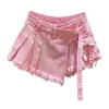 Irregular Pink Denim Skirt Womens Summer High Waist Slimming False Two-Piece A- Line Workwear Short Mini Skirts 240309