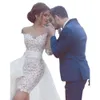 Lace 2022 robes courtes mariage arabe sexy gaine robes de mariée avec un train détachable illusion appliques à manches longues