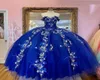 فساتين رويال رويال زرقاء quinceanera الزهور الملبوسة 3D فلورا منتفخ الكرة في المساء حفلة موسيقية للحلوة 15 مراهقة اللباس cors1907202