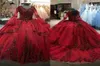 2023 Juliet Long Sleeves Quinceanera Dresses Dark Red Bling Sequins Applique Sweetheart Ball Gowns Puffy Layers Corset Back Prom S3268458
