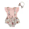 Kleidungssets Baby Mädchen Shorts Set Western Outfit Rüschen gerippte Ärmel T-Shirt Kuhdruck Hosenträger mit Schleife Stirnband