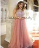 Dusty Rose Longo Tule Vestidos de Baile 2019 Corpete Brilhante V Neck Sparkly Cristal Blush júnior princesa Festa Vestidos de Noite Dress1304841