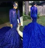 Long Long Tail Royal Blue 2019 Black Girls Mermaid Prom Dresses High Neck Sleeves Longed Handmade Flowers Evening Party Gow7195622