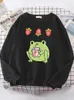 Damen-Kapuzenpullover, Damen-Sweatshirts, süßer Frosch, Getränk, Erdbeermilch, Tee, Aufdruck, Kleidung, Lady, Oversize, Moletom, Hip-Hop, Kawaii, Tierweibchen