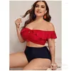 Vrouwen Badmode Plus Size 2 Stuk Sets Vrouwen Badpak Hoge Taille Bikini Verstoorde Badpak Off Schouder Grote Zwemmen 2024