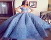 Baby Blue Ball Gown Quinceanera Dresses Satin Applique Off Shoulder Court Train spets upp Sweet 16 Dresses Prom Dresses Quincea1284395