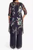 Womens Plus Size Matching Set Mother Of The Bride Black Chiffon Floral Print Irregular Hem Casual Summer Three Piece Pant Suit 240226