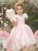 Girl Dresses Pink Flower Dress For Wedging Feathers Lace V-back Tulle With Bows Princess Birthday Kids First Communion Ball Gown