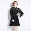 Casual Dresses 2024 French Spring Lantern Sleeve Mini Dress Luxury Women Single Breasted Lace Patchwork Embroidery Flower Belt Black