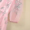 2024 Spring Pink Solid Color Sequins Tulle Panelled Dress 3/4 Sleeve Round Neck Midi Casual Dresses S4M110306 Plus Size XXL