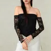 Mulheres camisetas Xingqing Alças Lace Top Elegante Mulheres Sheer Ver através de Manga Longa Assimétrica Hem Camisa Y2K Roupas Festa