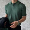 Men's Casual Shirts Lapel Short Sleeve Buttons Half Placket Loose Men T-shirt Summer Solid Color Knitting Ribbed Shirt Top Streetwear