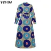 Vonda 2023 Summer Bohemian Robe Lantern Sleeve Maxi Sundress Vintage Lady Printed Pleated Long Dress Casual Belted Party Vestido 240308