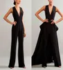 Elegant Black Jumpsuits Evening Dresses With Detachable Skirt V Neck Prom Dresses Plus Size Women Party Gowns8499779