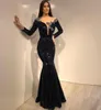 Schwarz Pailletten Dubai Meerjungfrau Abendkleid 2020 Elegante Langarm Sheer Neck Formale Party Kleid robe de soiree Prom Kleider 5759429