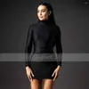 Party Dresses Black Cocktail Dress Mini High Collar Long Sleeves Women's Gowns Short Bodycon Sheath/Column Spandex Evening Gown