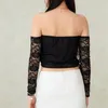 Mulheres camisetas Xingqing Alças Lace Top Elegante Mulheres Sheer Ver através de Manga Longa Assimétrica Hem Camisa Y2K Roupas Festa