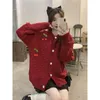 Women's Knits Christmas Korean Version Cherry Design Sense Knit Cardigan Sweater Coat Women 2024 Autumn Winter Red Casual Loose Inside Top