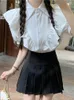 女性のブラウスホワイトシャツ女性夏の半袖ブラウス女性ビンテージスイートフリルトップレディース韓国ファッションシングル胸肉